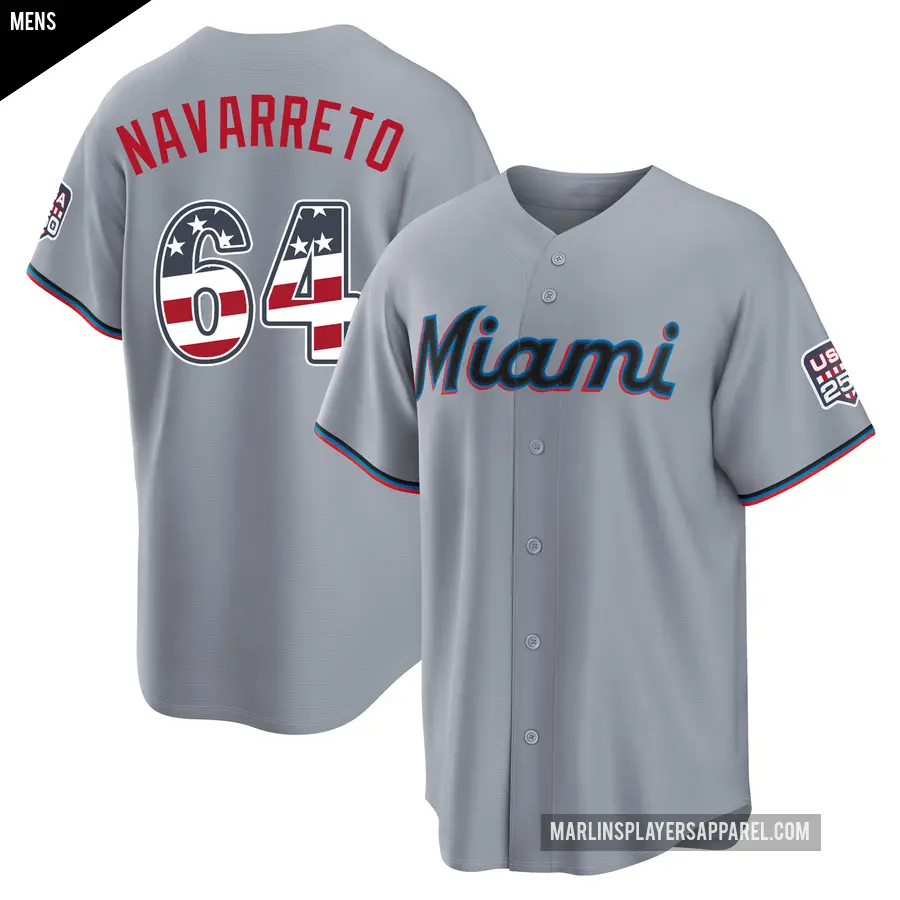 Men's Miami Marlins ＃64 Brian Navarreto Limited Gray USA 250 Fourth Of July Road Stadium Jersey