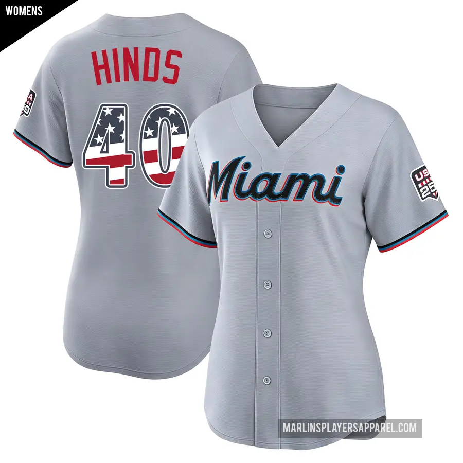 Women's Miami Marlins ＃40 Rece Hinds Limited Gray USA 250 Fourth Of July Road Stadium Jersey