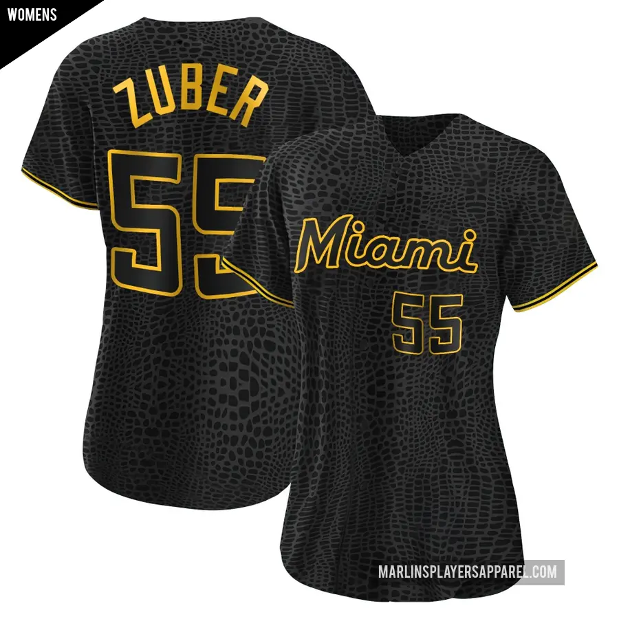 Women's Miami Marlins ＃55 Tyler Zuber Replica Black Snake Skin City Jersey