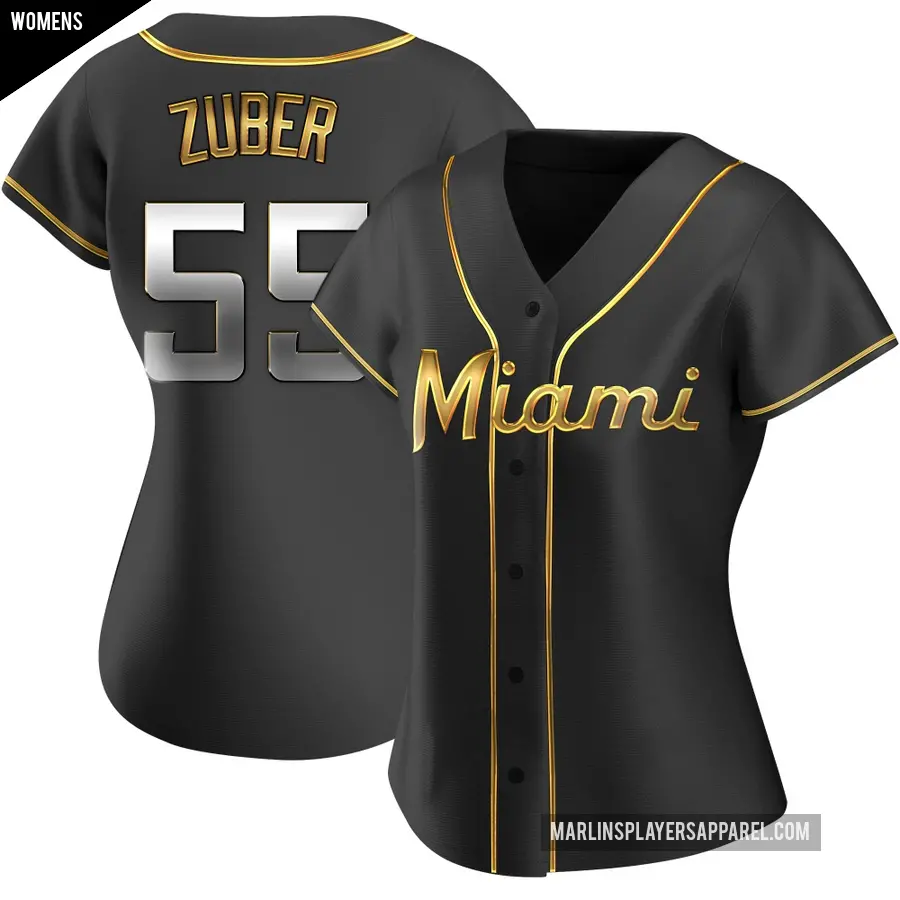 Women's Miami Marlins ＃55 Tyler Zuber Replica Gold Black en Alternate Jersey