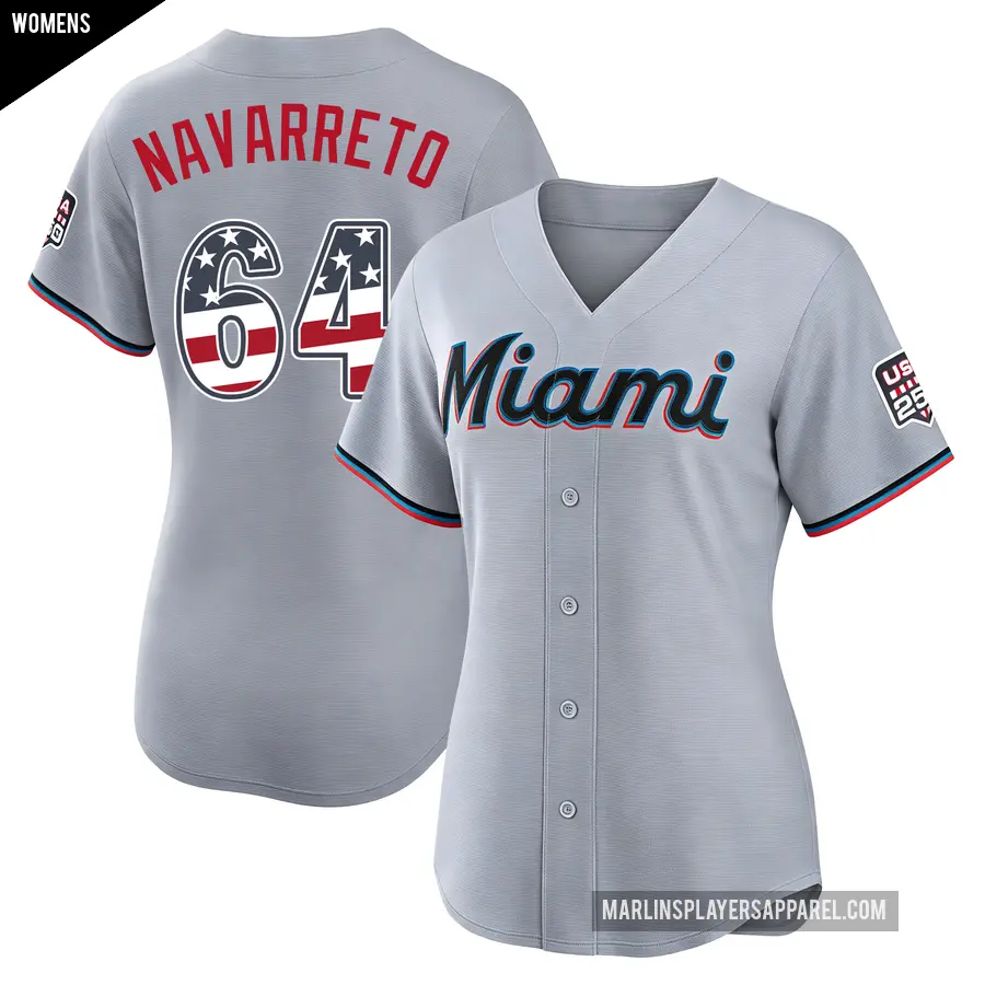 Women's Miami Marlins ＃64 Brian Navarreto Limited Gray USA 250 Fourth Of July Road Stadium Jersey
